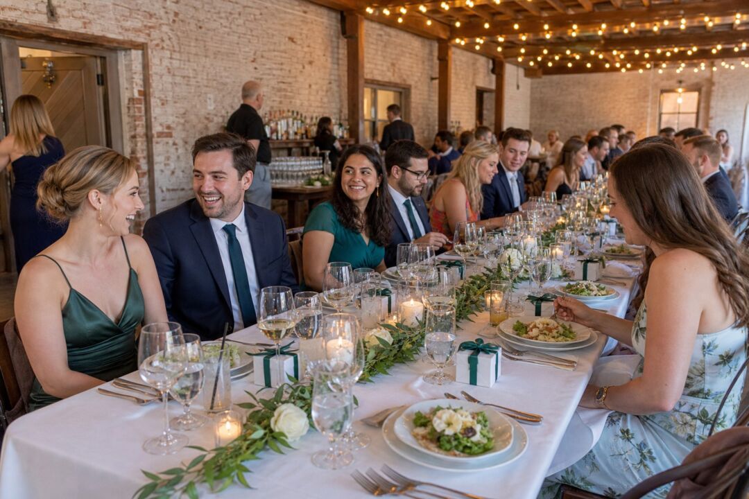 A long reception table set for a wedding dinner, with white linen, place settings, glassware.