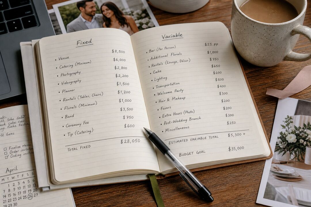 A wedding budget breakdown notebook lies open on a wooden desk next to a speckled mug of coffee and printed photos.