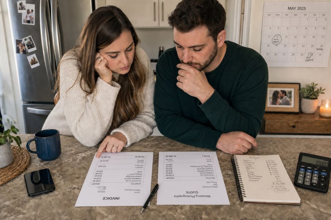 A couple reviews wedding planning documents at their kitchen counter surrounded by budget sheets, a calculator, and a May 2025 calendar.