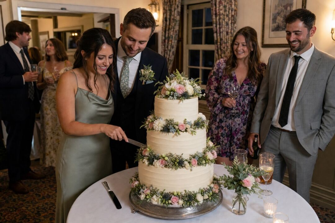 A three-tier wedding cake on a round table at a reception, with a cake knife resting beside it and floral details at the base of each tier.