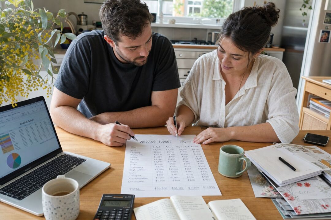 Two people reviewing a handwritten wedding budget spreadsheet together at a kitchen table, pens and a laptop nearby.