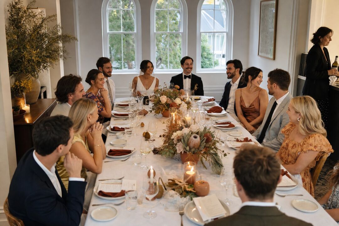 A private dining room set for a wedding of 24 guests, long white-linen table with low floral centerpieces in terracotta tones, candles lit.