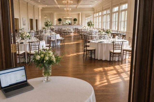 An elegant ballroom with round tables, white linens, chiavari chairs, and white floral arrangements set for a formal wedding reception.