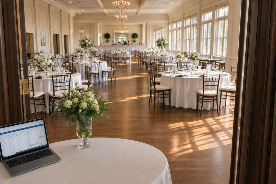 An elegant ballroom with round tables, white linens, chiavari chairs, and white floral arrangements set for a formal wedding reception.