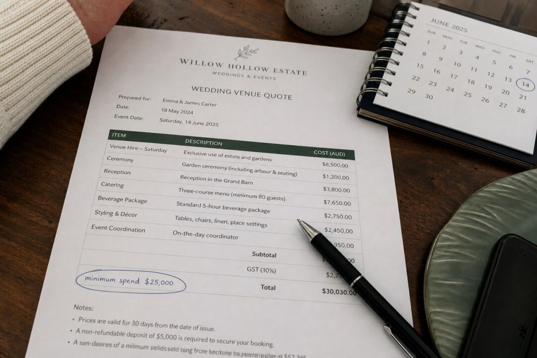 A close-up of a printed wedding venue quote document with a pen resting across it.