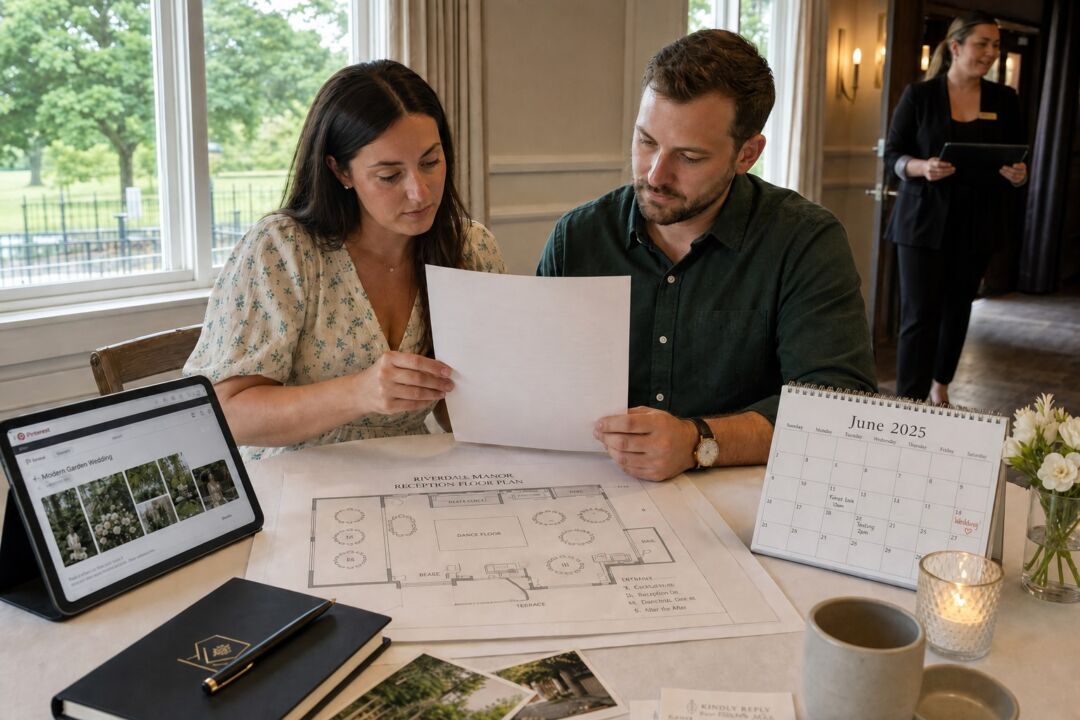 A couple reviews wedding plans at a table with venue layouts, a calendar, laptop, and stationery in a bright, elegant room.
