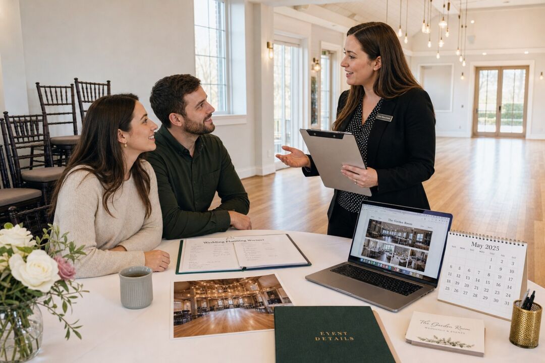 A venue coordinator standing at a round table with a clipboard, talking with a couple in a bright empty reception space.