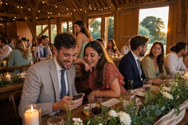 A converted timber barn interior set for a wedding reception, festoon lights strung across exposed rafters.