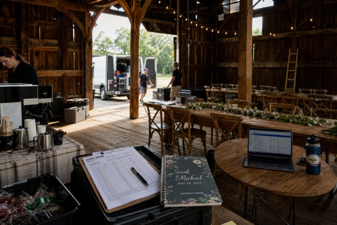 An empty rustic barn interior in the morning before a wedding, showing the raw unset space with timber beams, bare tables.