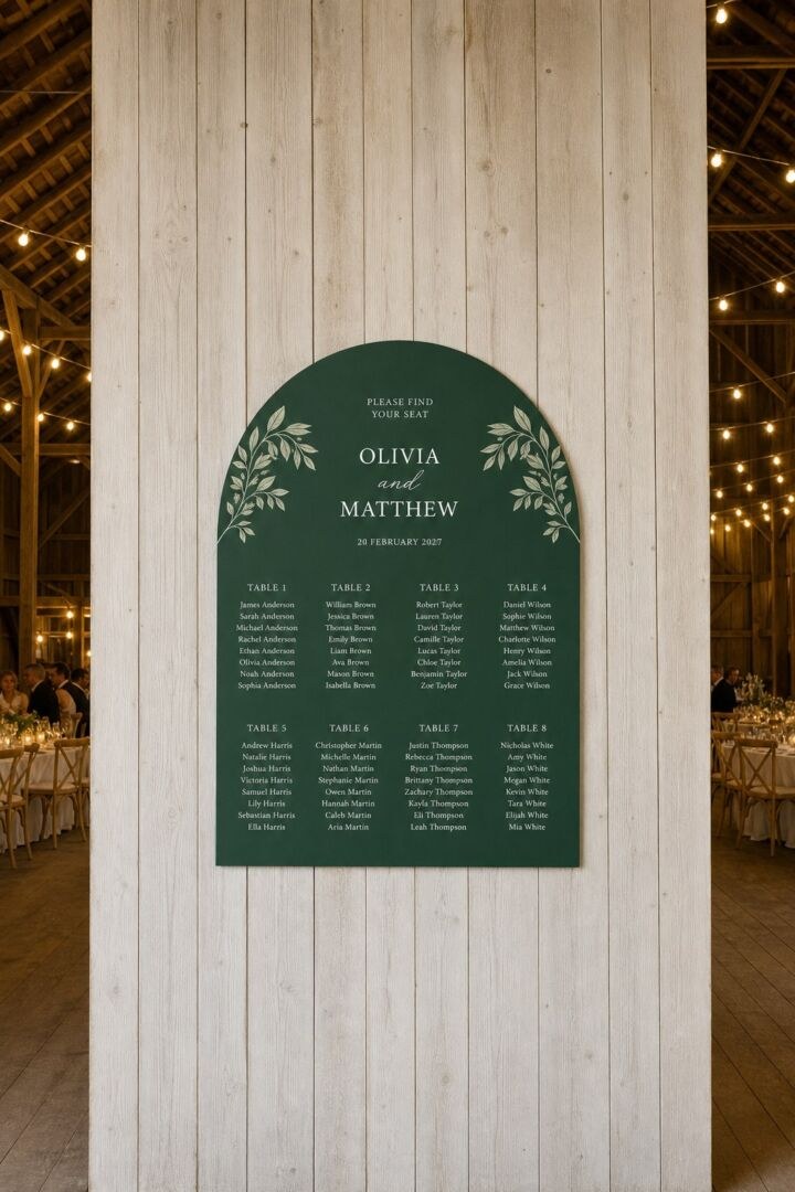A deep forest green arch wedding seating chart hanging on a pale timber plank wall inside a barn reception.