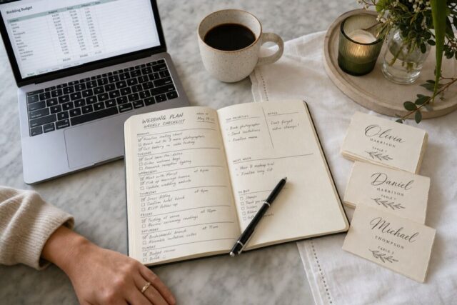 A flat-lay of a wedding planning notebook open to a handwritten weekly checklist, a pen resting across it.