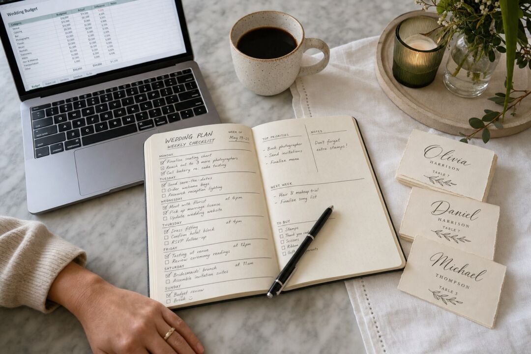 A flat-lay of a wedding planning notebook open to a handwritten weekly checklist, a pen resting across it.