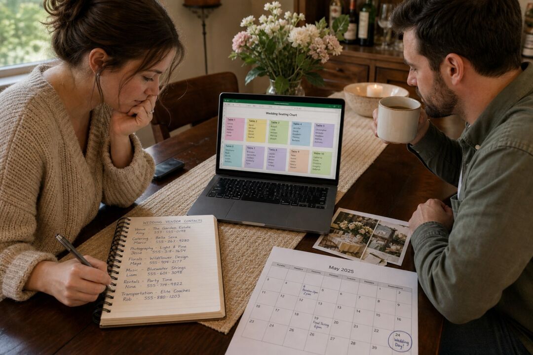 An open laptop showing a color-coded spreadsheet seating chart with table names and guest assignments.