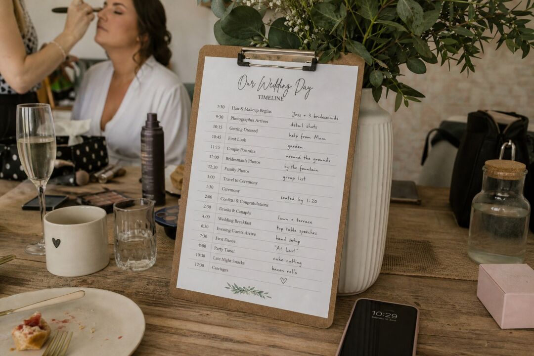 A printed wedding day timeline on a clipboard with handwritten annotations, resting against a white vase with greenery.