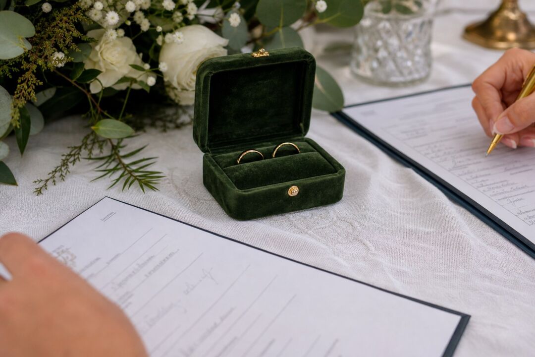 Two wedding rings side by side in an open velvet ring box, set on a white textured linen cloth with soft natural light.