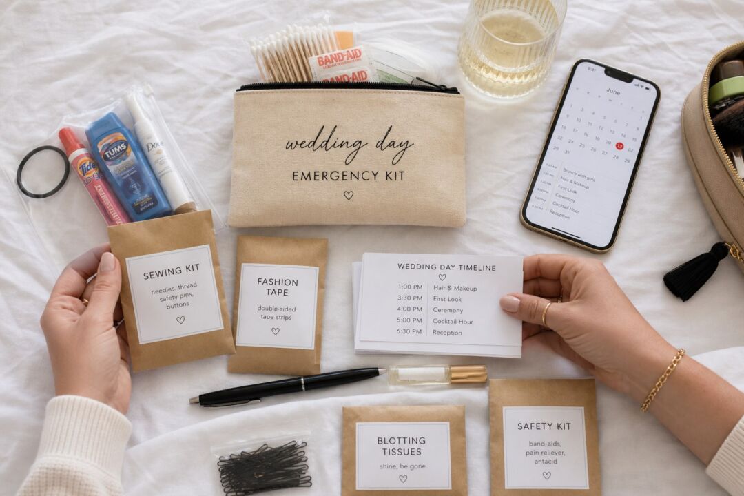 A neatly organized flat-lay of a wedding day emergency kit, with small labeled kraft pouches containing a sewing kit, fashion tape strips.