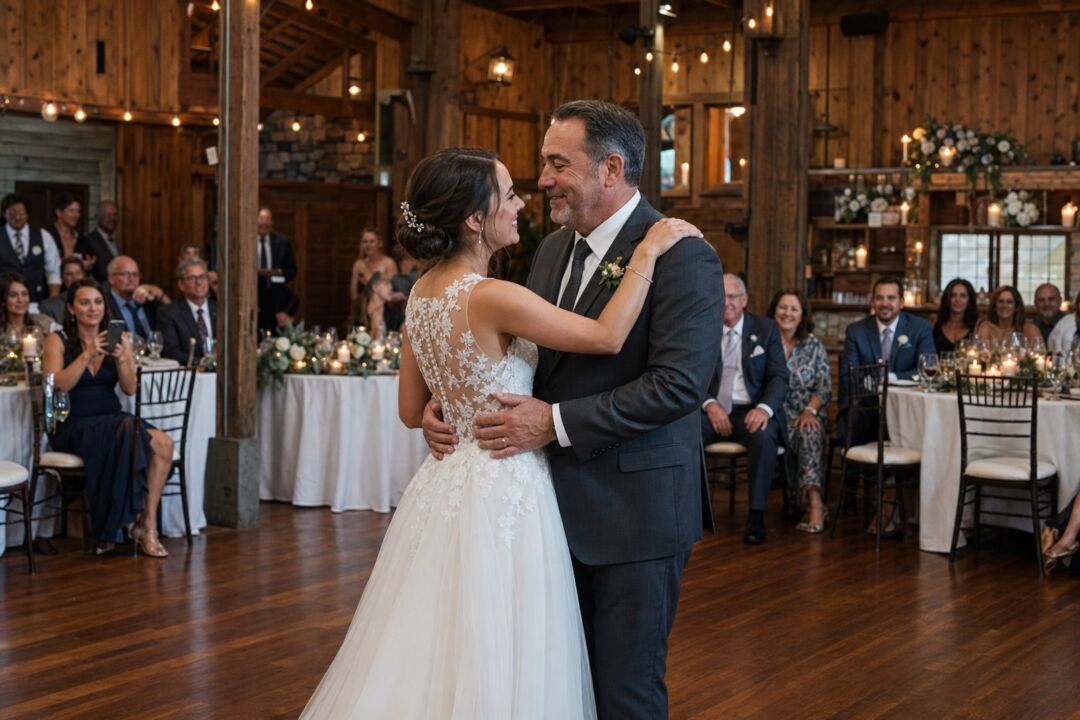 A bride and her father sharing a slow dance on a polished wooden dance floor, wedding guests watching from candlelit tables surrounding them.