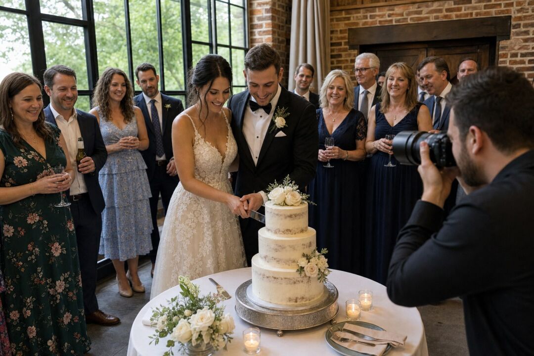 Wedding guests gathered around a three-tier cake table as the couple prepares to make the first cut.