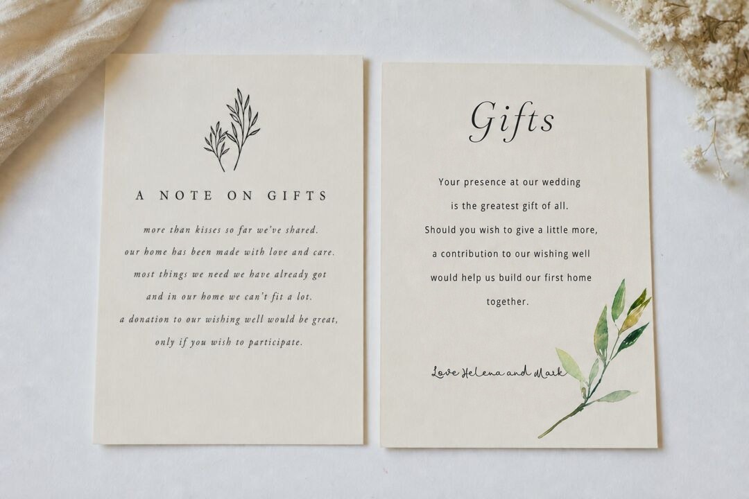 Two cream wedding wishing well cards with botanical illustrations, the left reading A Note on Gifts and the right carrying a wishing well verse above a handwritten signature