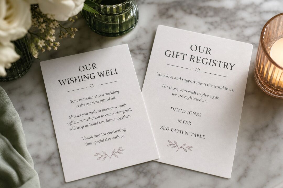 A close-up of two wedding information cards displayed on white marble, showing registry and wishing well details in simple serif typography.