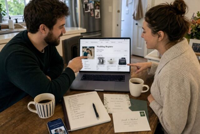 A couple at a kitchen table building their wedding registry on a laptop, beside a save the date card and a printed registry checklist.