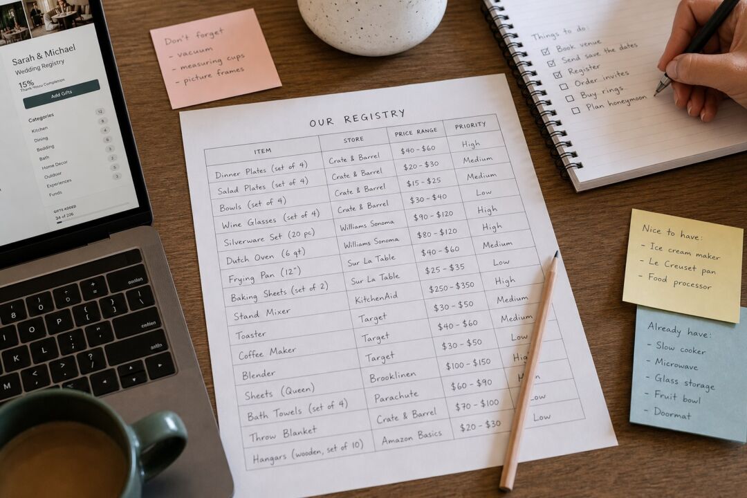 A flat-lay of a handwritten registry worksheet showing columns for item name, store, price range, and priority.