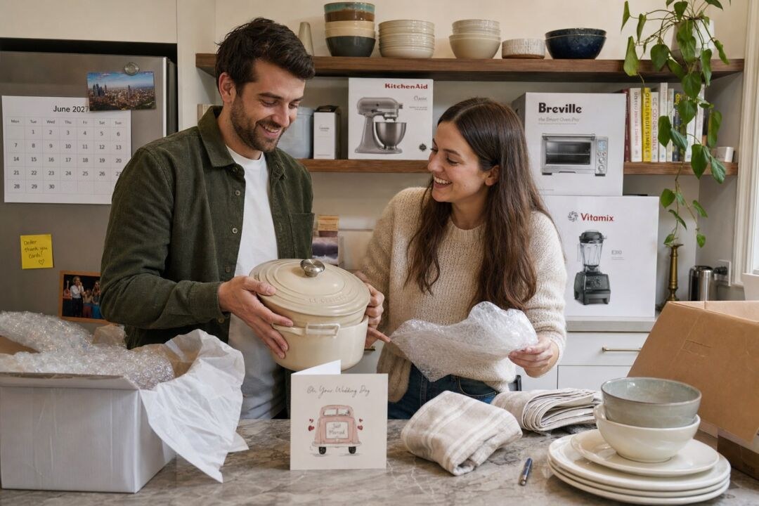 A fridge-mounted wall calendar open at June 2027, beside kitchen shelves holding recently received wedding registry gifts in their boxes.