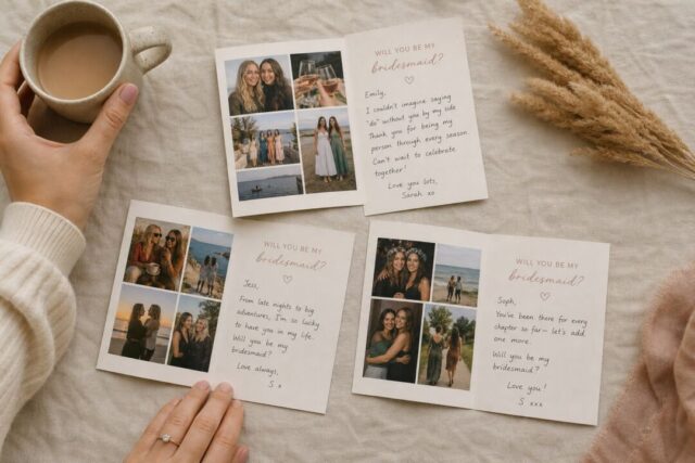 A flat-lay of three open bridesmaid proposal cards arranged on a warm cream linen surface, each showing different handwritten wording styles.