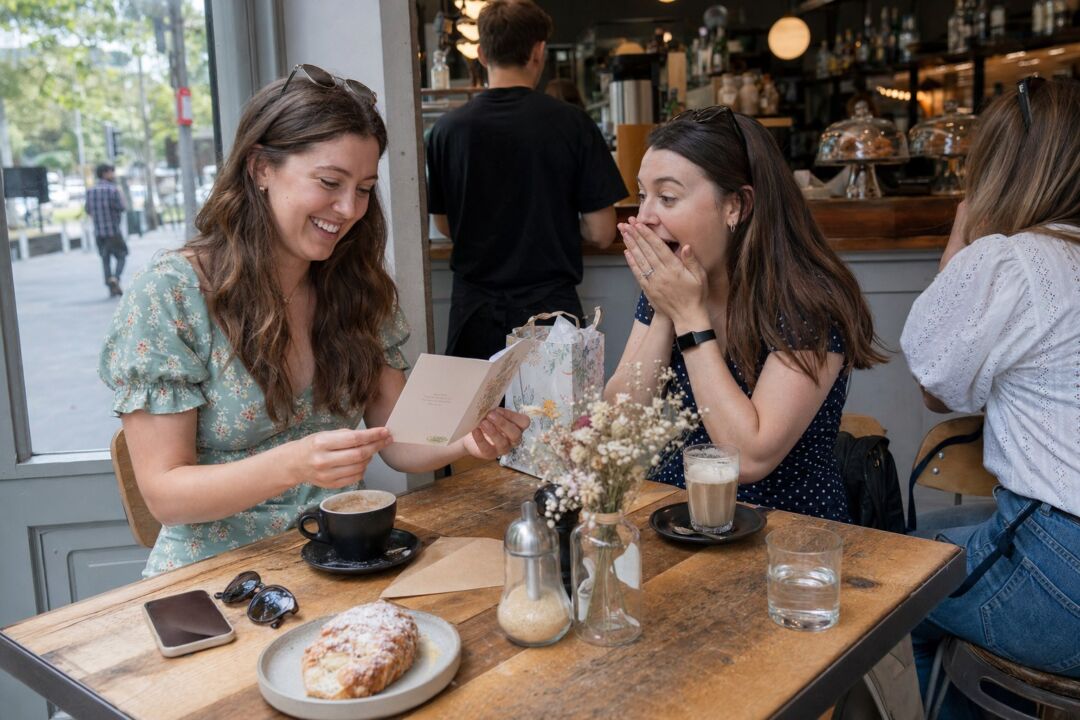 Two close friends sitting across from each other at a sunny cafe, one holding an open card and grinning.
