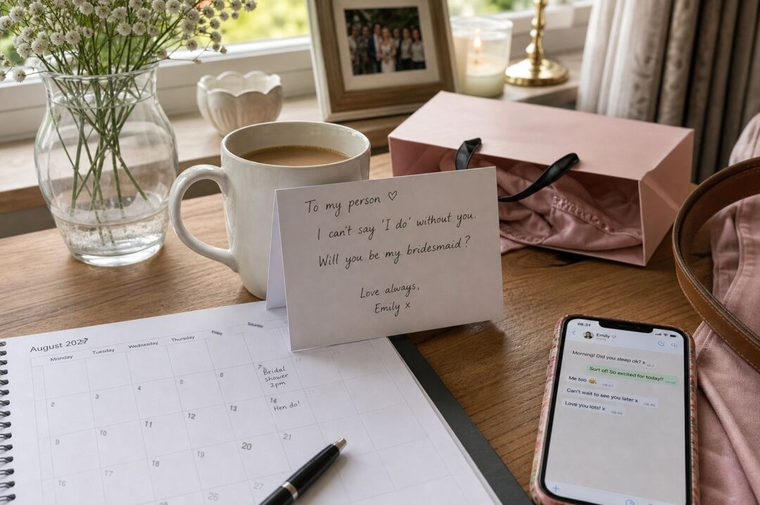 An open desk planner at August 2027 with Bridal Shower 2pm written on Saturday the 7th and Hen do on Saturday the 14th, beside a bridesmaid card.