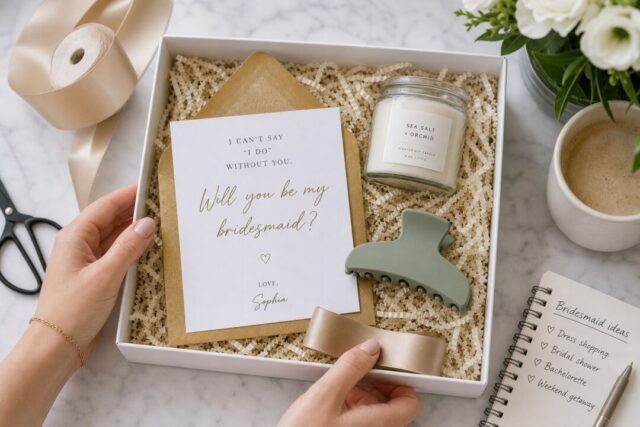 A bridesmaid proposal gift box contains a card, candle, hair clip, and decorative elements arranged on neutral packaging.