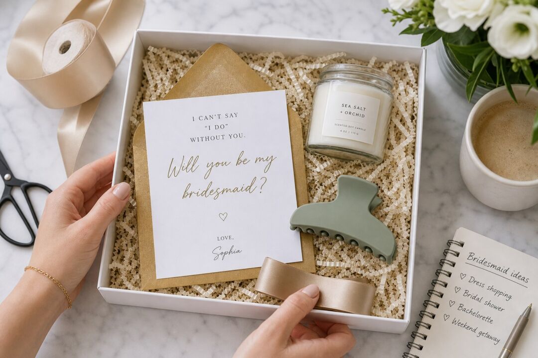 A bridesmaid proposal gift box contains a card, candle, hair clip, and decorative elements arranged on neutral packaging.
