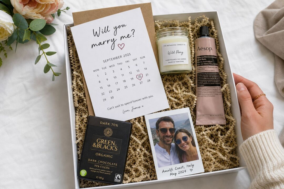 A proposal gift box contains a 'Will you marry me?' card with a September 2025 calendar, luxury candle, chocolate, skincare product.