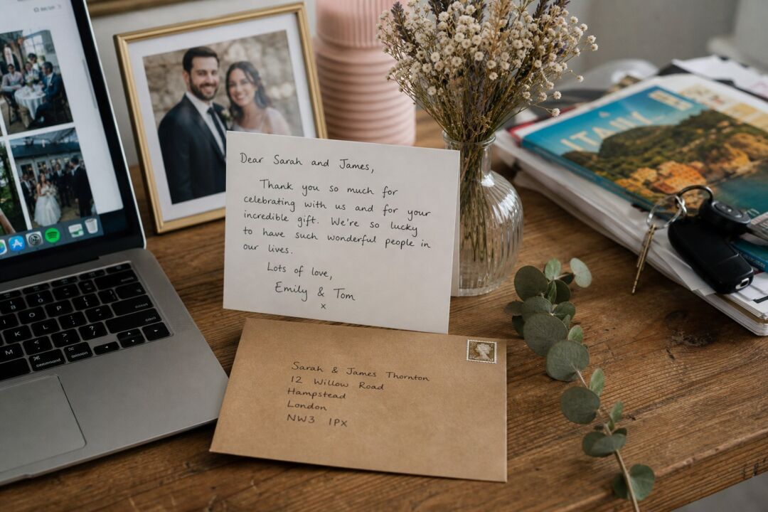 A handwritten card propped against a small glass vase of dried white flowers on a wooden desk.