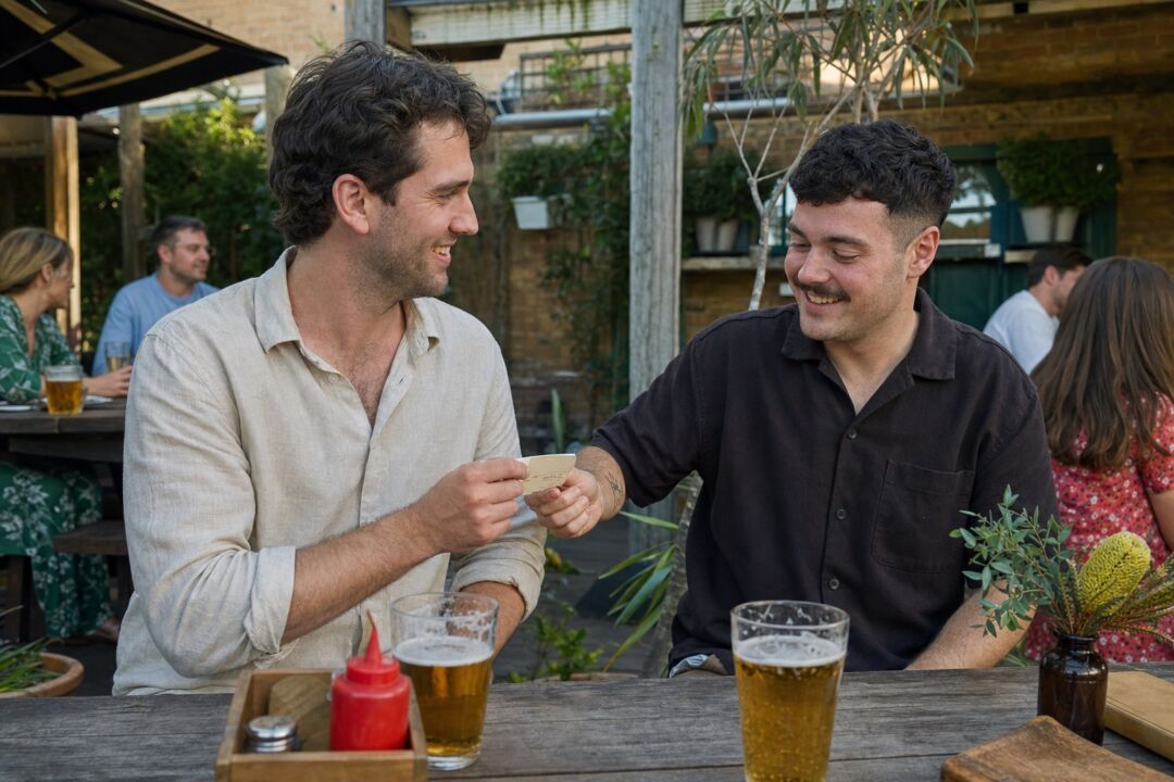 Two men at a small outdoor table in an Australian pub courtyard, one handing the other a small folded card, both relaxed and smiling.