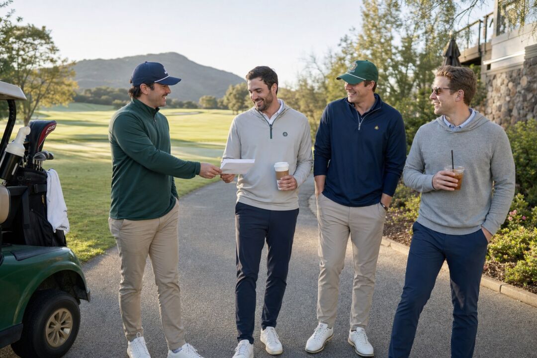 Four men walking along a golf course fairway in morning light, casual clothing, laughing, one handing a small envelope to another.