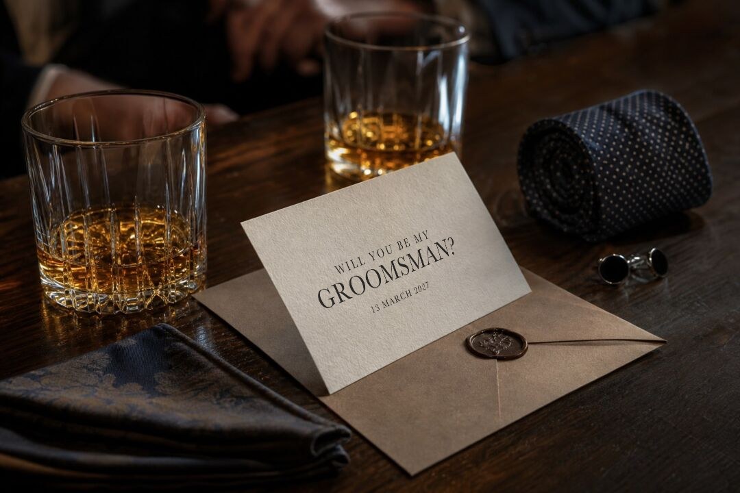 A cream card letterpressed will you be my groomsman with 13 March 2027, resting on a kraft envelope with a wax seal beside whiskey glasses