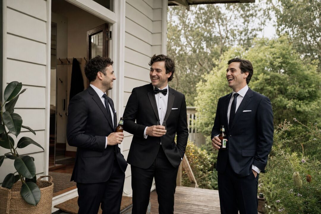 Three men in suits standing outside a wedding venue entrance, relaxed and laughing, morning of the wedding, Australian garden in the background.