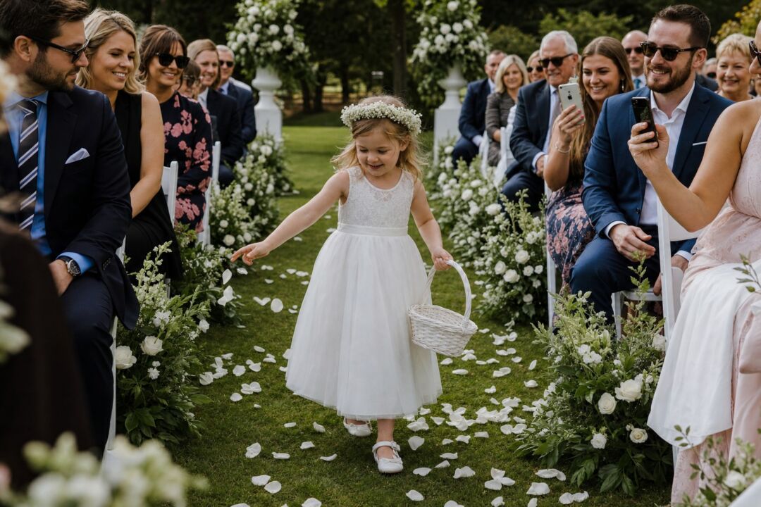 Young flower girl scattering rose petals on an outdoor ceremony aisle lined with white chairs and greenery.