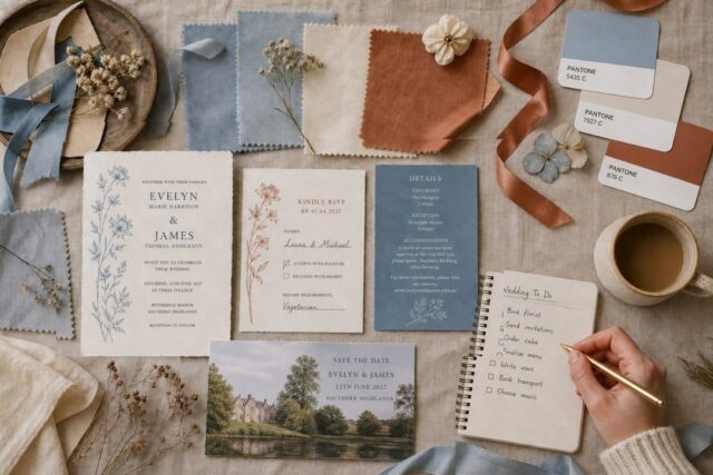 A wedding colour palette flat lay with fabric swatches, ribbon, Pantone chips and a dusty blue stationery suite for a June 2027 wedding.