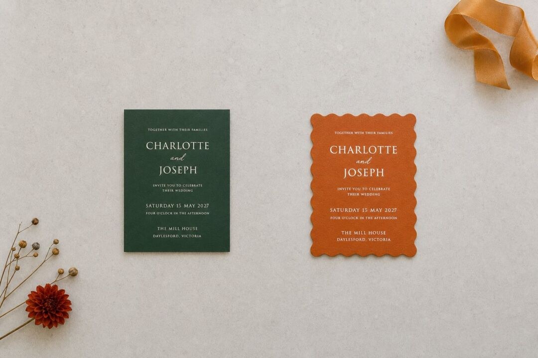 Two wedding invitations on stone, one dark green and one orange with a scalloped edge, both dated Saturday 15 May 2027, with dried flowers.
