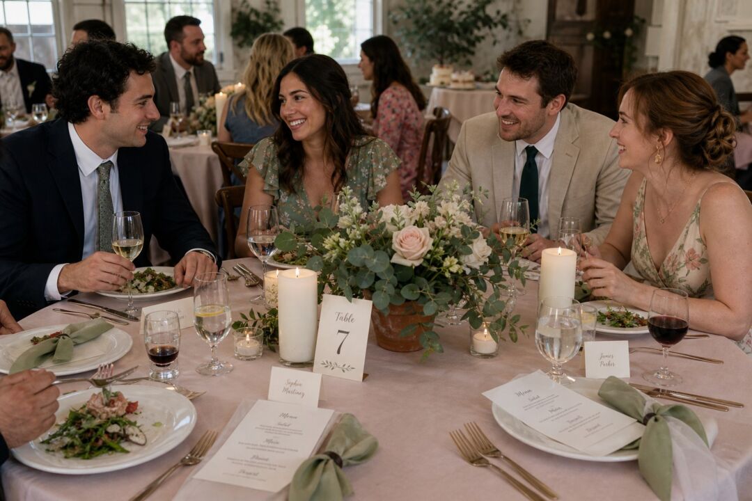 A spring wedding reception table set with blush linen, sage ribbon napkin rings, ivory pillar candles.