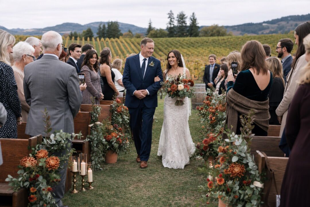 A fall wedding ceremony aisle at a vineyard decorated with terracotta pots filled with rust-colored dahlias.