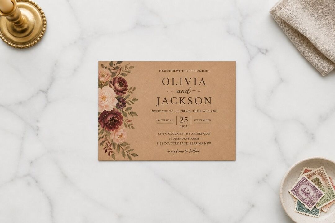 A kraft wedding invitation for Olivia and Jackson dated Saturday 25 September 2027, on marble with burgundy florals and vintage stamps.