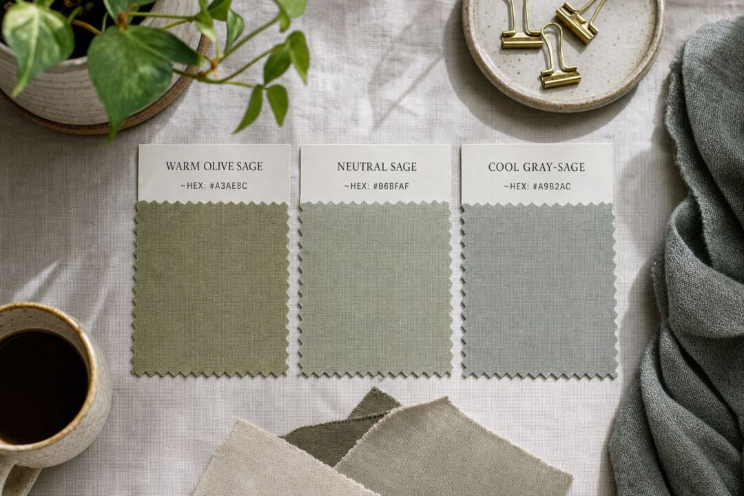 Side-by-side fabric swatches in warm olive sage, neutral sage, and cool gray-sage, labeled with approximate hex values, in natural daylight.