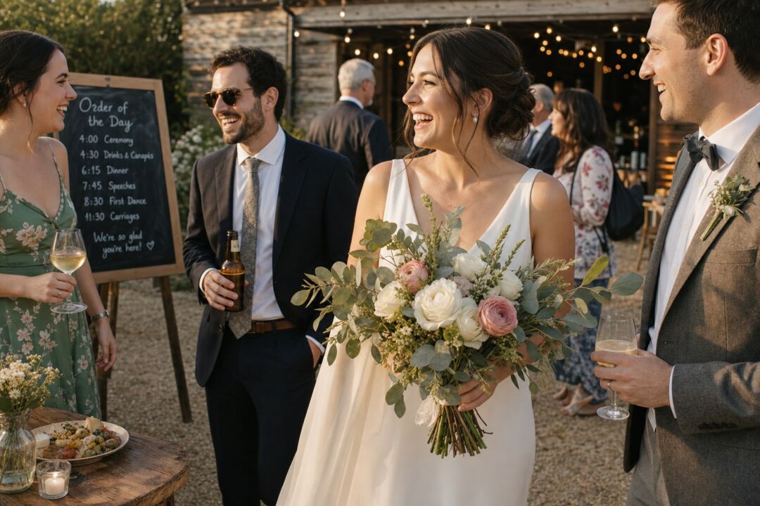 A bride's bouquet of eucalyptus, white garden roses, and dusty rose ranunculus in warm golden-hour light, showing how the greenery reads.