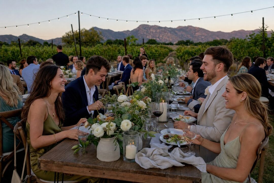 A winery wedding reception with long wooden farm tables set between established vine rows.