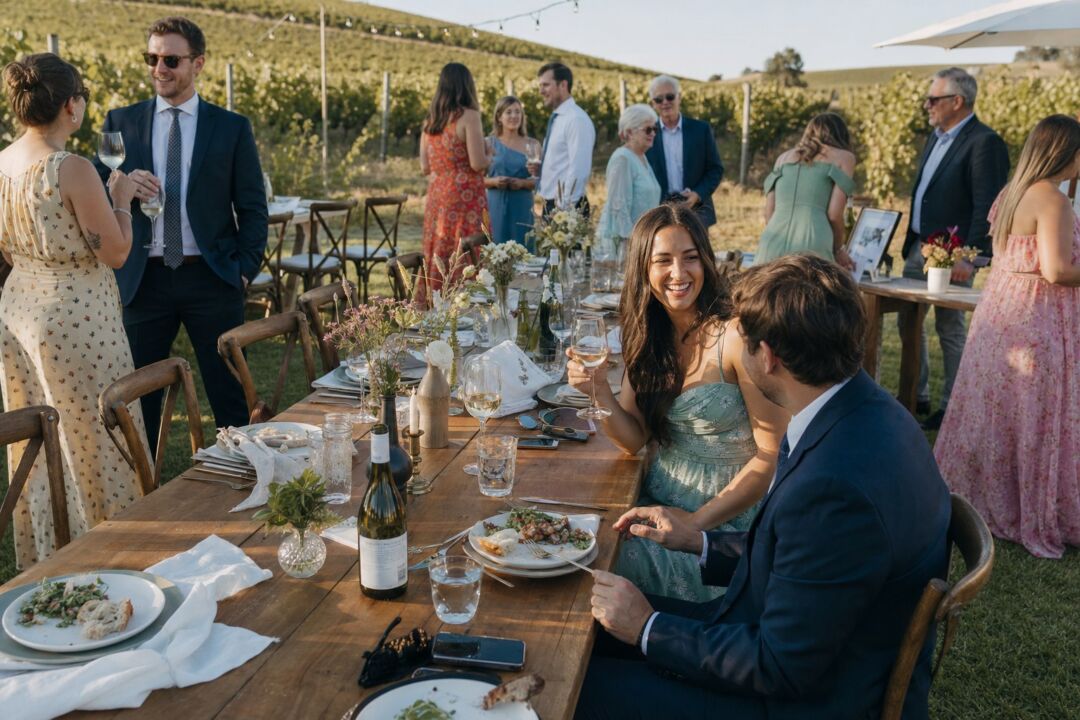 A vineyard outdoor wedding reception with long wooden farm tables set on grass between vine rows, minimal ceramic and glass vessel arrangements.