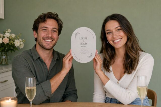 A newly engaged couple at a kitchen table holding up their engagement party invitation.