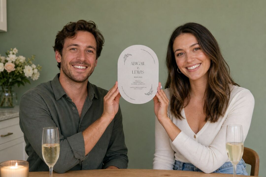 A newly engaged couple at a kitchen table holding up their engagement party invitation.